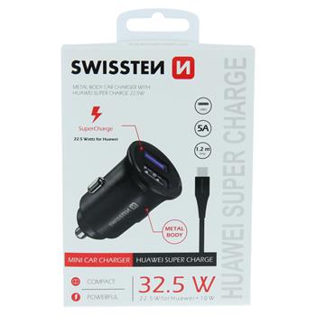 Autonabíječka SWISSTEN pro Huawei Super Charge 22,5W + kabel 5A 1,2m černá