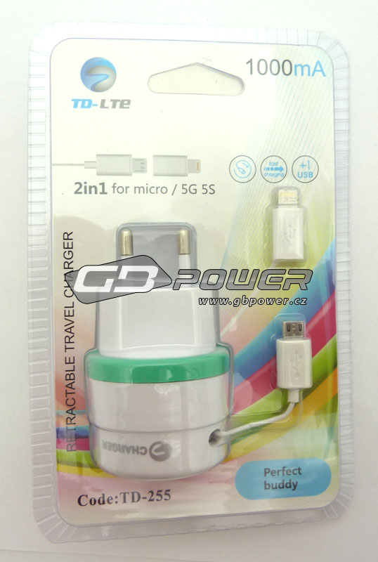 Nabíječka USB / micro USB svinovací + redukce iPhone 5 TD-255 zeleno bílá  1A