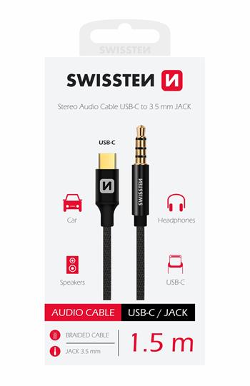 Audio adaptér SWISSTEN Textile USB-C (samec) / Jack 3,5mm (samec) 1,5m černý