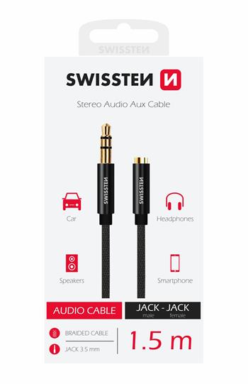 Audio kabel SWISSTEN Textile Jack 3,5mm (samec) / Jack 3,5mm (samice) 1,5m černý