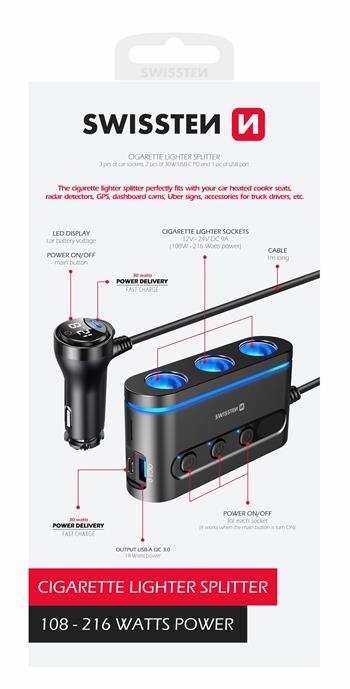 Autoadaptér roztrojka SWISSTEN + 2x USB-C PD a 1x USB-A QA, 108W - 216W černý