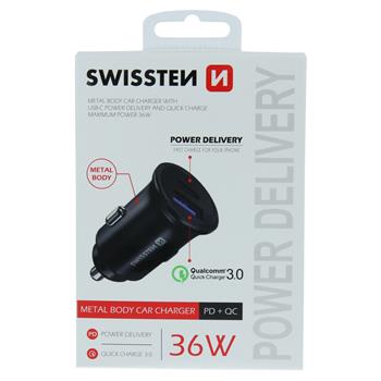 Autonabíječka SWISSTEN PD USB-C + Quick Charge 3.0 36W metal černá