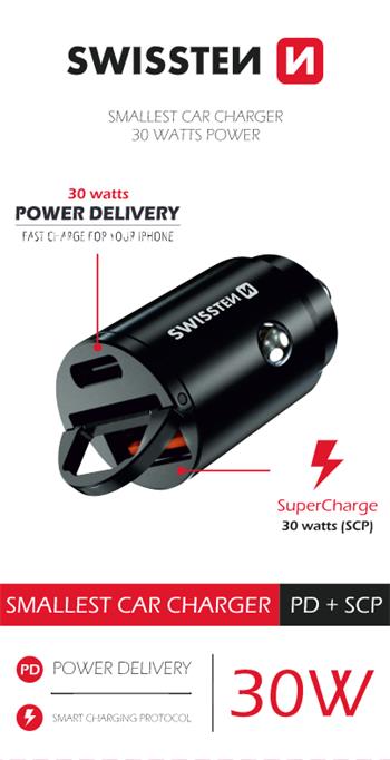 Autonabíječka SWISSTEN PD USB-C + Super Charge 3.0 30W nano černá