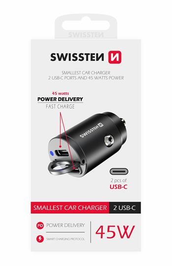 Autonabíječka SWISSTEN Power Delivery 2x USB-C 45W nano černá