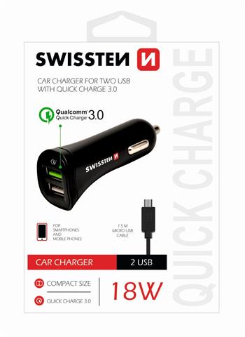 Autonabíječka SWISSTEN Quick charge 3.0 A USB 2,4A 18W + kabel micro USB