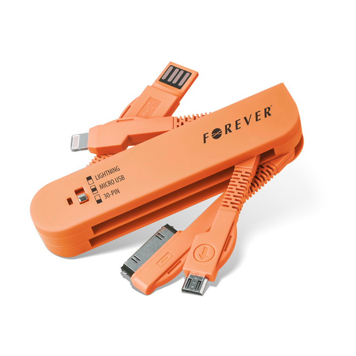 Datový kabel 3v1 Apple iPhone 4 / 4S / 5 / 5S / 6 / micro USB oranžový 30Pin + svítilna