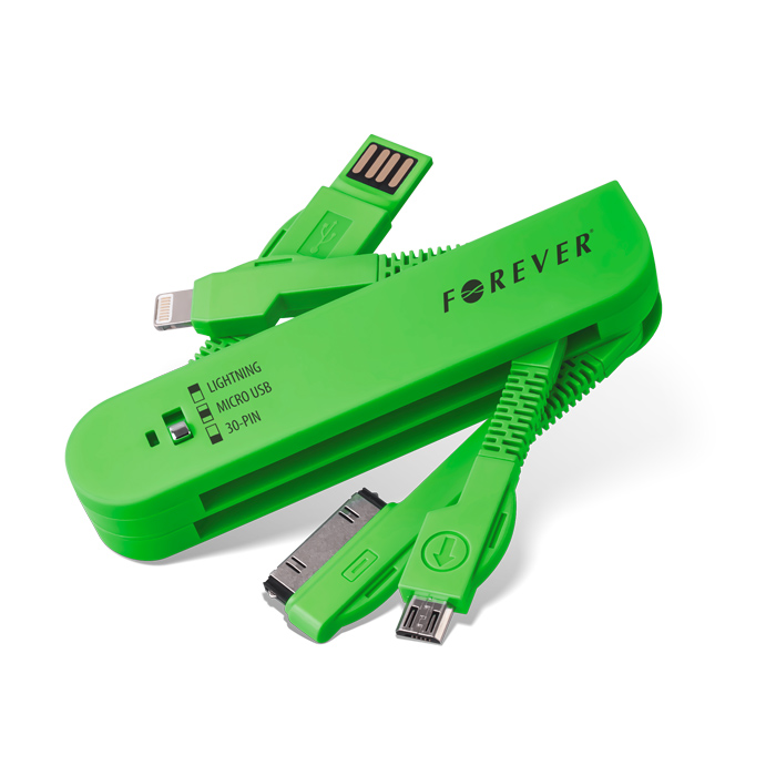 Datový kabel 3v1 Apple iPhone 4 / 4S / 5 / 5S / 6 / micro USB zelený 30Pin + svítilna