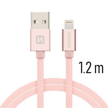 Datový kabel SWISSTEN Textile Apple iPhone 5 / 6 / 7 / 8 / X Lightning 1,2m růžovo-zlatý