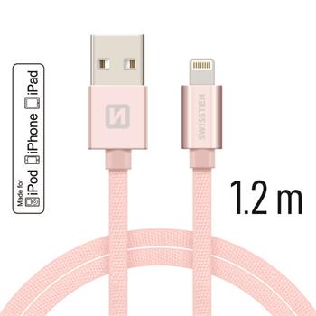 Datový kabel SWISSTEN Textile Apple iPhone 5/6/7/8/X Lightning MFi 1,2m růžovo-zlatý