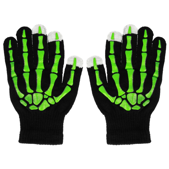 Dotykové rukavice černé se zelenými kostmi