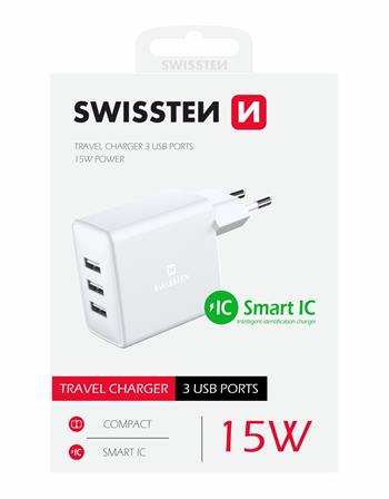 Nabíječka SWISSTEN 3x USB 3A 15W bílá