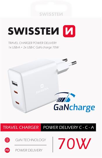 Nabíječka SWISSTEN GaN 2x USB-C + 1x USB 70W bílá