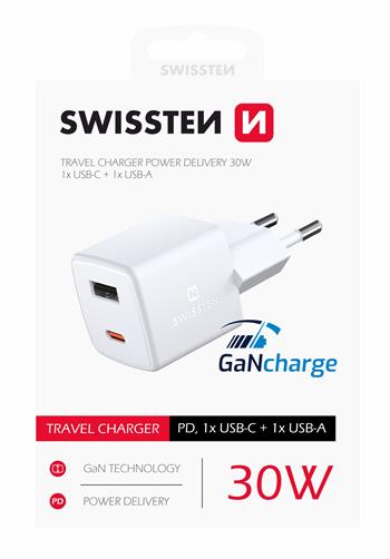 Nabíječka SWISSTEN Mini GaN 1xUSB-C + 1xUSB 30W Power Delivery bílá