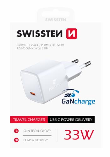 Nabíječka SWISSTEN Mini GaN USB-C 33W Power Delivery bílá
