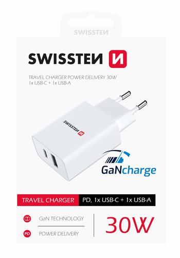 Nabíječka SWISSTEN Power Delivery 1xUSB-C + 1xUSB 30W bílá