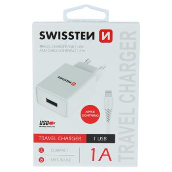 Nabíječka SWISSTEN Smart IC 1XUSB 1A Power + datový kabel USB/Lightning 1,2m bílá