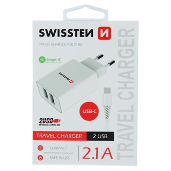 Nabíječka SWISSTEN Smart IC 2XUSB 2,1A Power + datový kabel USB/Type C 1,2m bílá