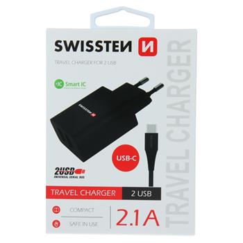Nabíječka SWISSTEN Smart IC 2XUSB 2,1A Power + datový kabel USB/Type C 1,2m černá