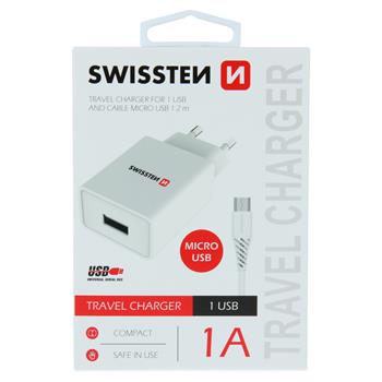 Nabíječka SWISSTEN Smart IC 1XUSB 1A Power + datový kabel USB/Micro USB 1,2m bílá