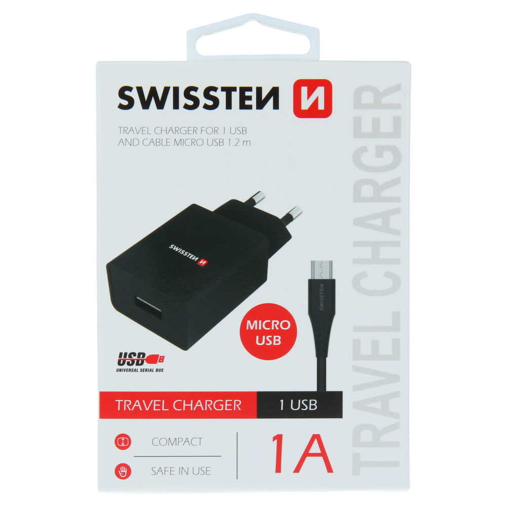 Nabíječka SWISSTEN Smart IC 1XUSB 1A Power + datový kabel USB/Micro USB 1,2m černá