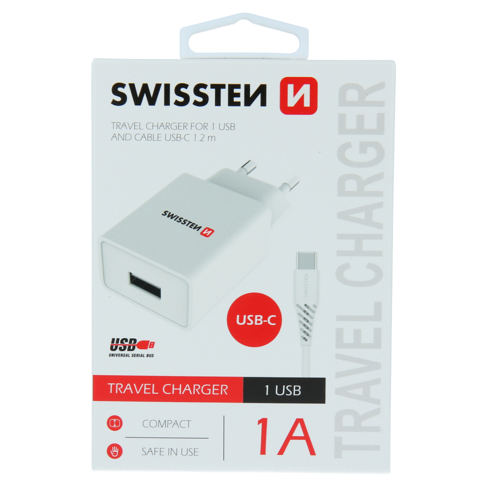 Nabíječka SWISSTEN Smart IC 1XUSB 1A Power + datový kabel USB/USB-C 1,2m bílá