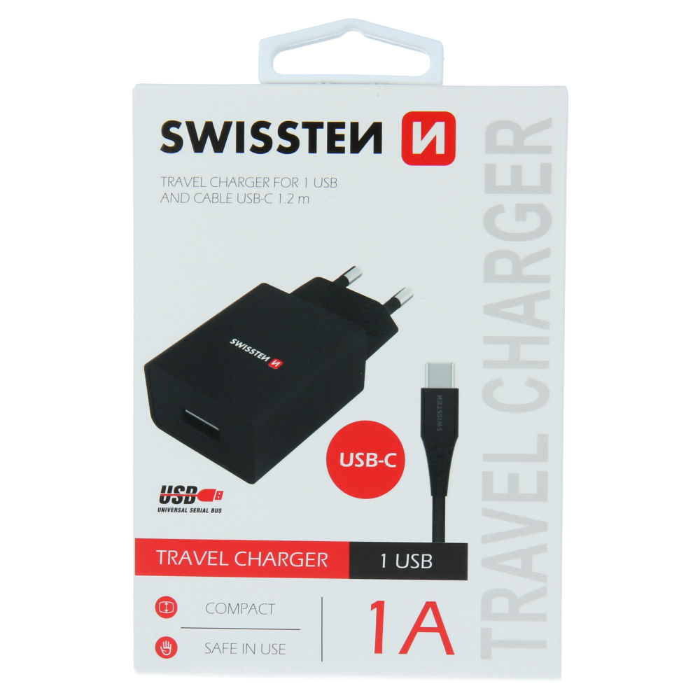 Nabíječka SWISSTEN Smart IC 1XUSB 1A Power + datový kabel USB/USB-C 1,2m černá
