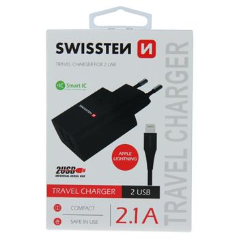 Nabíječka SWISSTEN Smart IC 2XUSB 2,1A Power + datový kabel USB/Lightning 1,2m černá