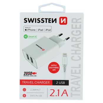 Nabíječka SWISSTEN Smart IC 2XUSB 2,1A Power + datový kabel USB/Lightning MFi 1,2m bílá