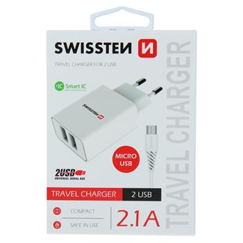 Nabíječka SWISSTEN Smart IC 2XUSB 2,1A Power + datový kabel USB/Micro USB 1,2m bílá
