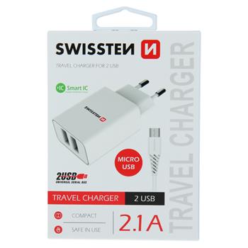 Nabíječka SWISSTEN Smart IC 2XUSB 2,1A Power + datový kabel USB/Micro USB 1,2m bílá
