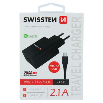 Nabíječka SWISSTEN Smart IC 2XUSB 2,1A Power + datový kabel USB/Micro USB 1,2m černá