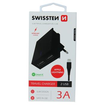 Nabíječka SWISSTEN Smart IC 2XUSB 3A Power + kabel Lightning MFi 1,2m černý