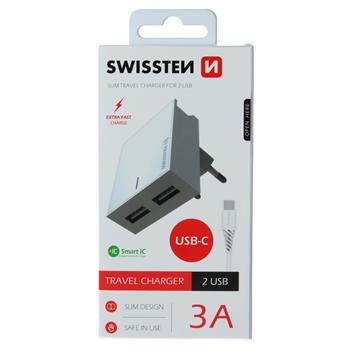 Nabíječka SWISSTEN Smart IC 2XUSB 3A Power + kabel Type-C 1,2m bílá