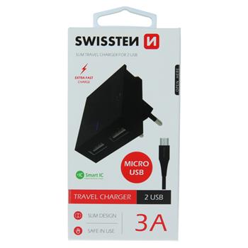Nabíječka SWISSTEN Smart IC 2XUSB 3A Power + kabel micro USB 1,2m černá