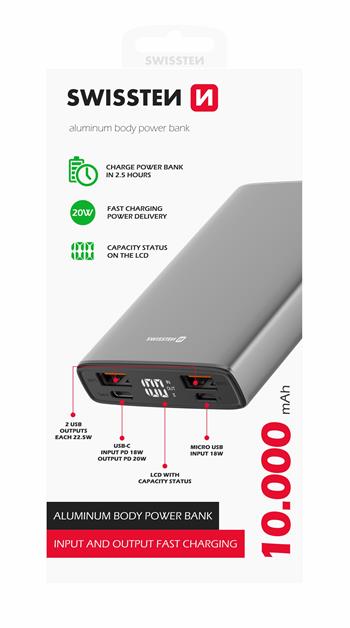 Power Bank SWISSTEN Aluminum 10000 mAh 20W Power Delivery šedá