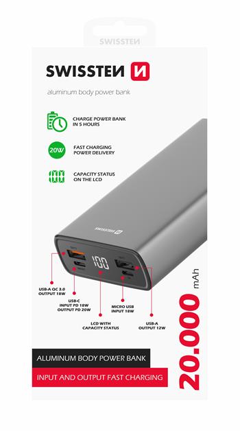 Power Bank SWISSTEN Aluminum 20000 mAh 20W Power Delivery šedá