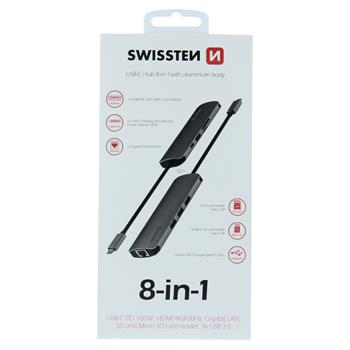 SWISSTEN USB-C HUB 8-in-1 (USB-C PD, HDMI 4K, LAN RJ45,3x USB 3.0, SD, Micro SD) Aluminium