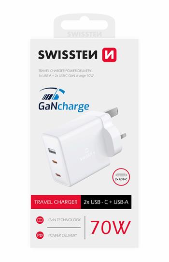 Síťový adaptér SWISSTEN GaN 2x USB-C + 1x USB 70W pro UK zásuvku