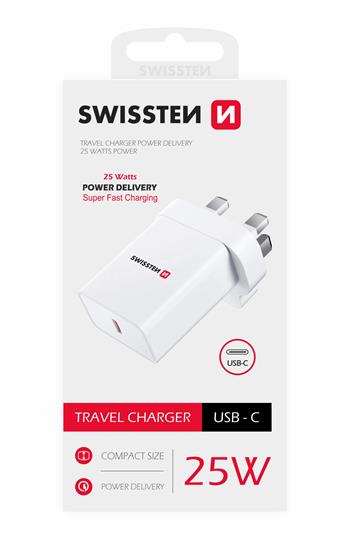 Síťový adaptér SWISSTEN PD 25W pro iPhone a Samsung pro UK zásuvku bílý